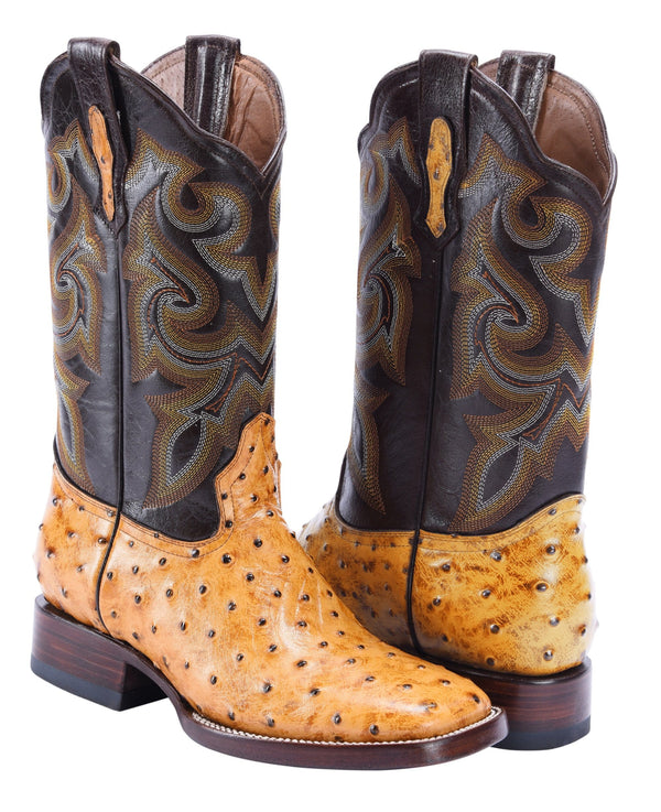 BD701 BUTTERCUP Combo Men's Western Boots: Square Toe Cowboy & Rodeo Boots Ostrich Print Genuine Leather with Belt BD01