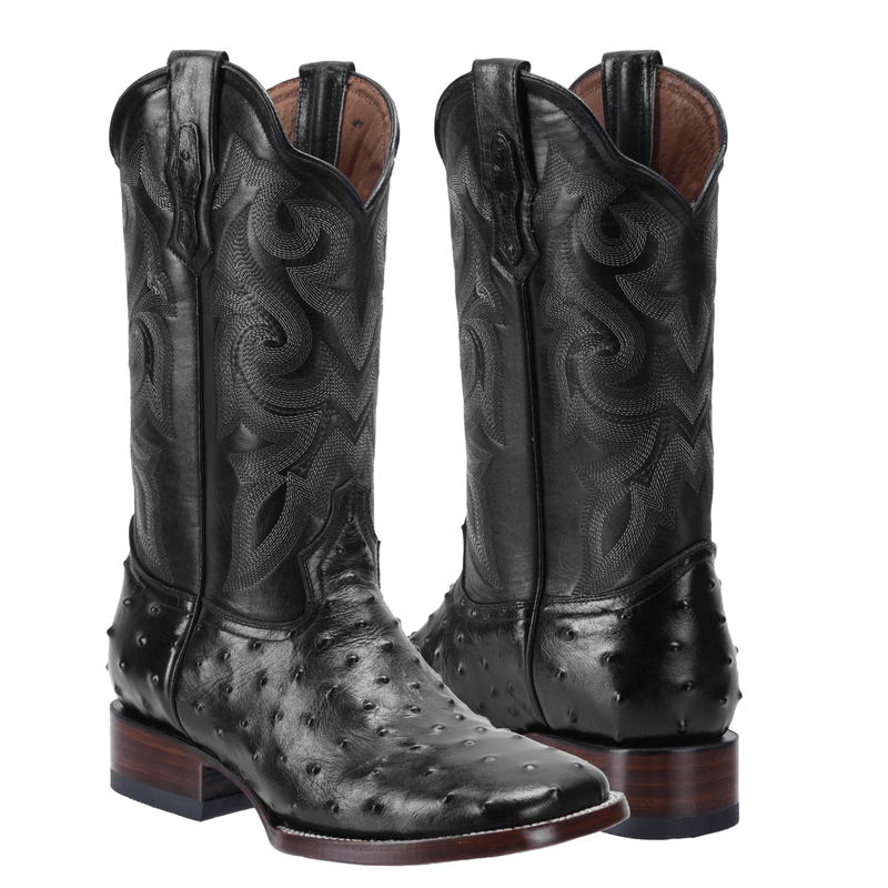 BD701 BLACK Ostrich Print Leather Men's Western Boots: Square Toe Cowboy Boots & Rodeo Boots