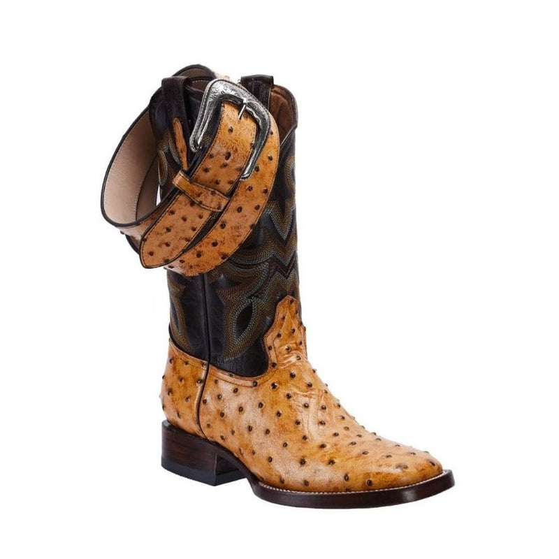 BD701 BUTTERCUP Combo Men's Western Boots: Square Toe Cowboy & Rodeo Boots Ostrich Print Genuine Leather with Belt BD01