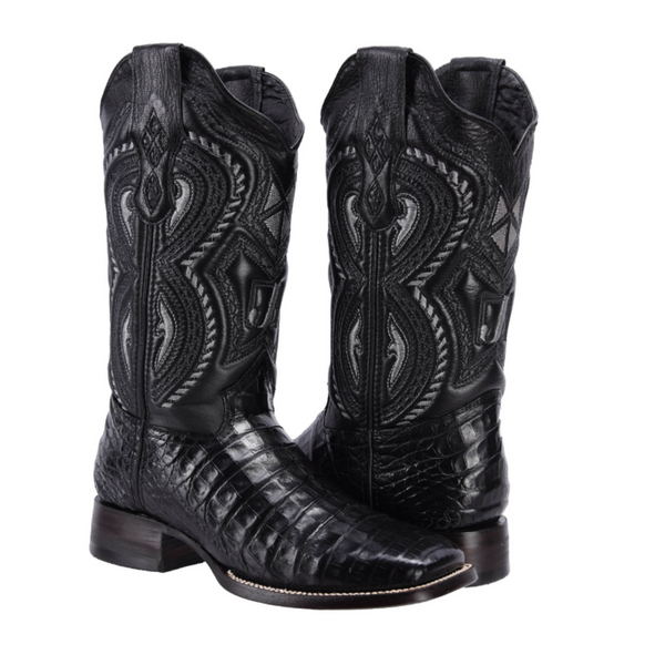 RC 706 Original Men's Caiman BLACK Western Boots, Square Toe Cowboy boots, Authentic Caiman Leather