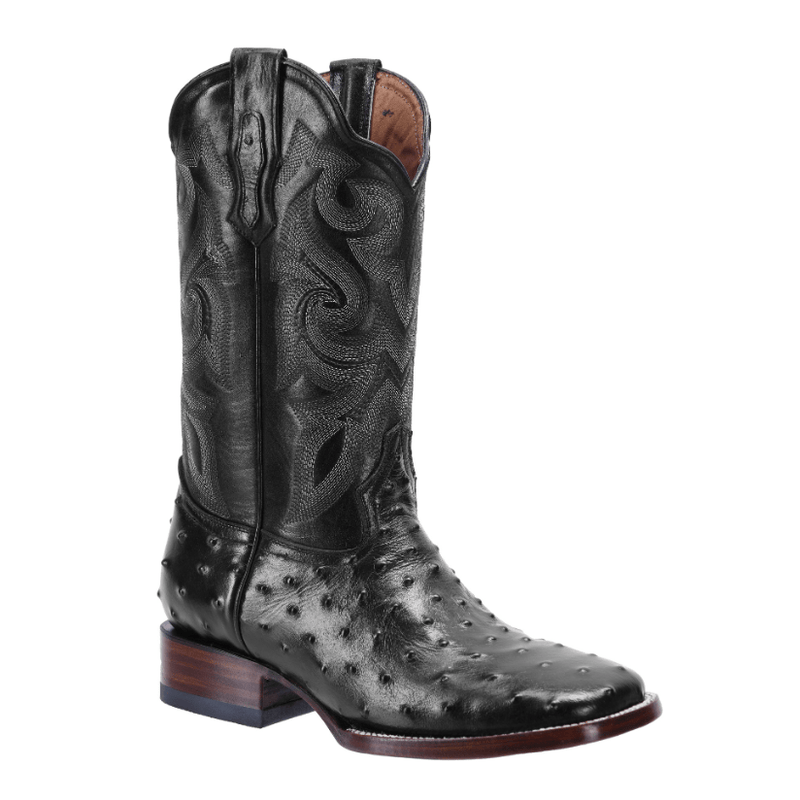 BD701 BLACK Ostrich Print Leather Men's Western Boots: Square Toe Cowboy Boots & Rodeo Boots