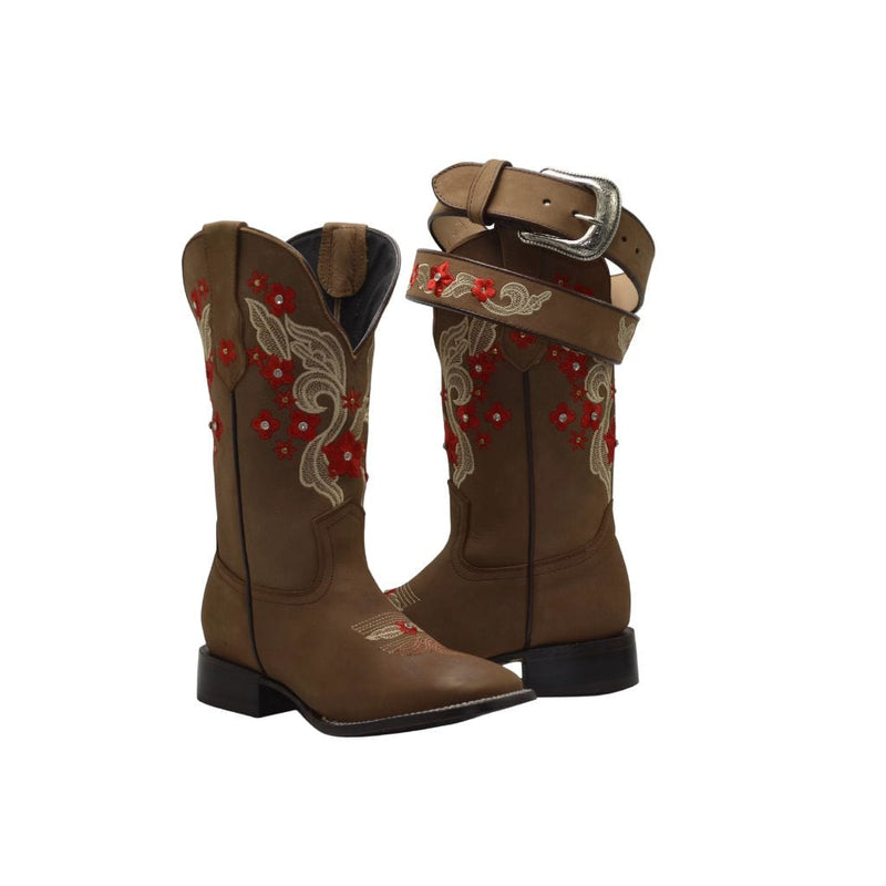 JOE BOOTS JB16-06  Premium Women's Western Boots,  Embroidered Boots: Square Toe, Red Flowers SET with Belt.