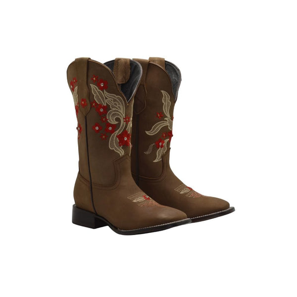 JB16-06 Women Square Toe Boots Red Flowers SET with Belt