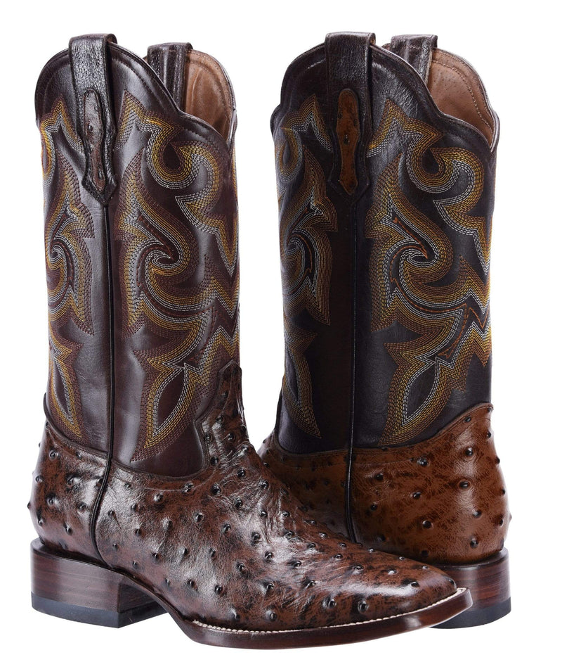 BD701 BROWN, Men's  Western Boots: Square Toe Cowboy & Rodeo Boots Ostrich Print Genuine Leather