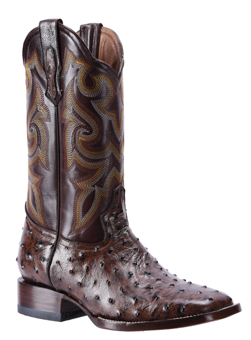 BD701 BROWN, Men's  Western Boots: Square Toe Cowboy & Rodeo Boots Ostrich Print Genuine Leather