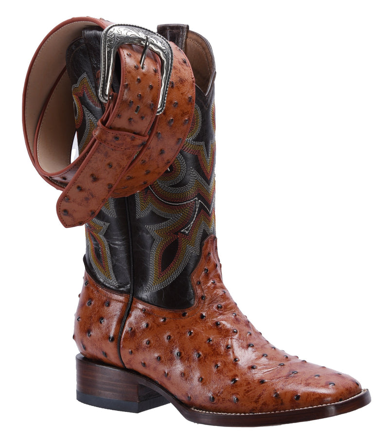 BD701 COGNAC Combo Men's Western Boots: Square Toe Cowboy & Rodeo Boots Ostrich Print Genuine Leather with Belt BD701