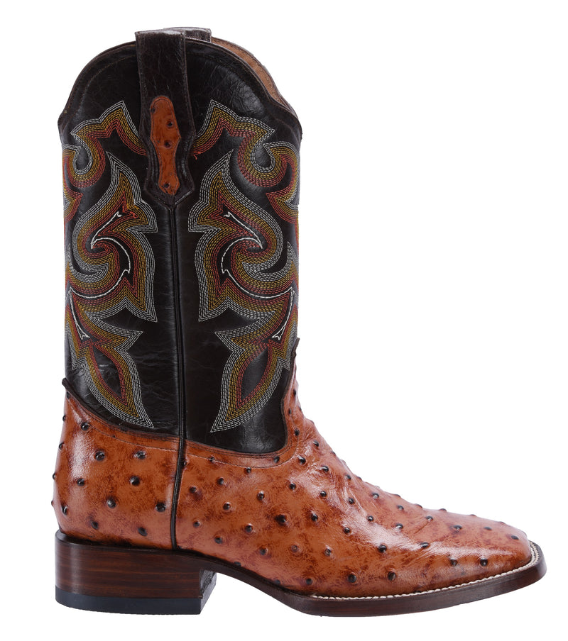 BD701 COGNAC Combo Men's Western Boots: Square Toe Cowboy & Rodeo Boots Ostrich Print Genuine Leather with Belt BD701