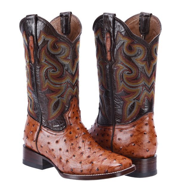 BD701 COGNAC Combo Men's Western Boots: Square Toe Cowboy & Rodeo Boots Ostrich Print Genuine Leather with Belt BD701