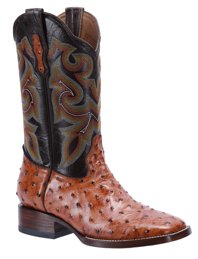 BD701 COGNAC Combo Men's Western Boots: Square Toe Cowboy & Rodeo Boots Ostrich Print Genuine Leather with Belt BD701