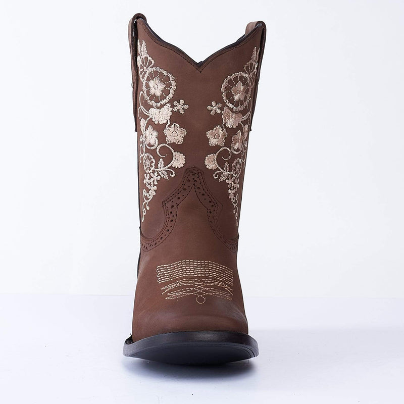 JOE BOOTS 14-01 Women's Western Ankle Boots BROWN with Flowers, Embroidered Boots: Square Toe.