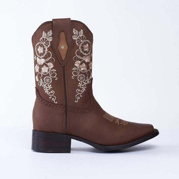 JOE BOOTS 14-01 Women's Western Ankle Boots BROWN with Flowers, Embroidered Boots: Square Toe.