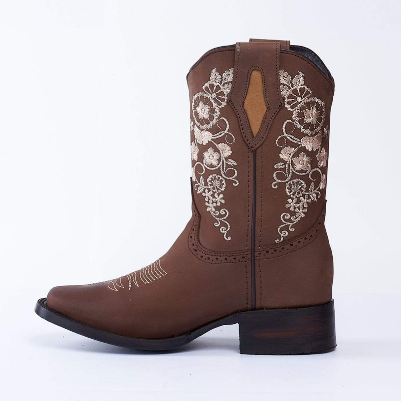 JOE BOOTS 14-01 Women's Western Ankle Boots BROWN with Flowers, Embroidered Boots: Square Toe.