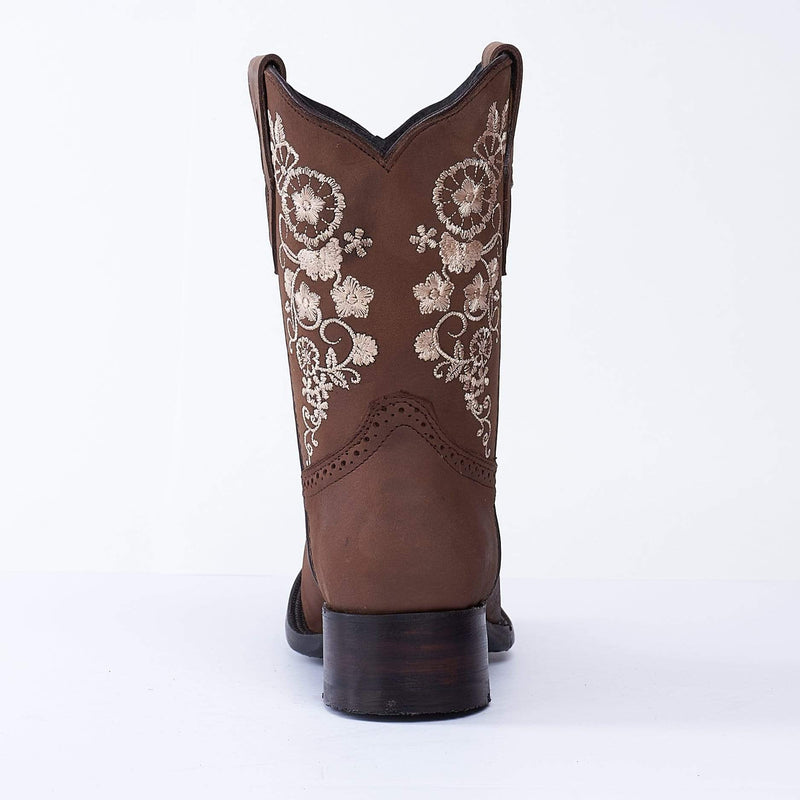 JOE BOOTS 14-01 Women's Western Ankle Boots BROWN with Flowers, Embroidered Boots: Square Toe.