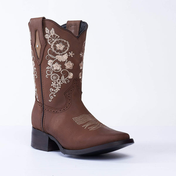 JOE BOOTS 14-01 Women's Western Ankle Boots BROWN with Flowers, Embroidered Boots: Square Toe.