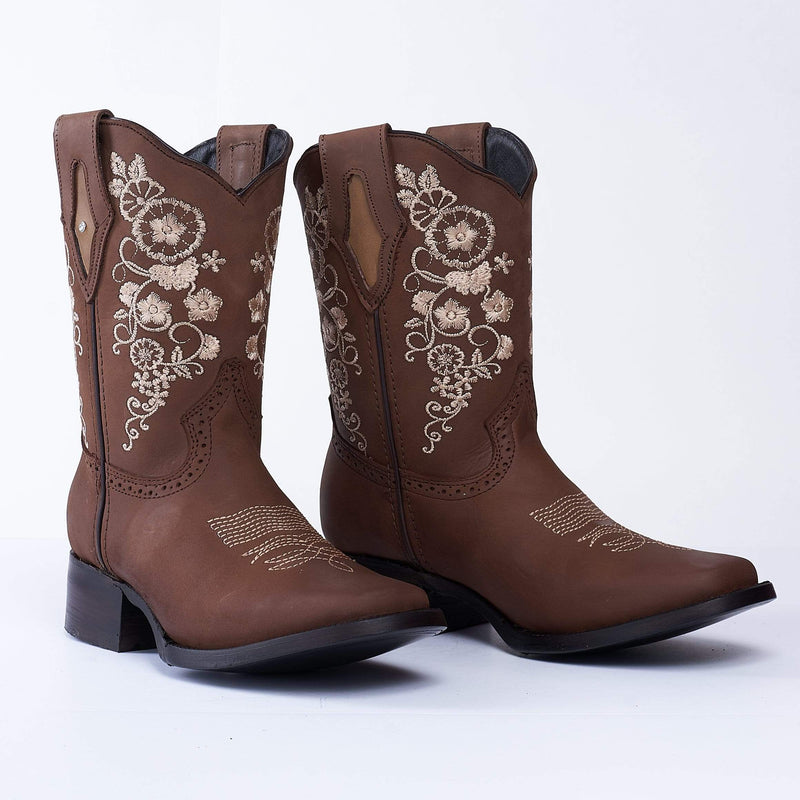 JOE BOOTS 14-01 Women's Western Ankle Boots BROWN with Flowers, Embroidered Boots: Square Toe.