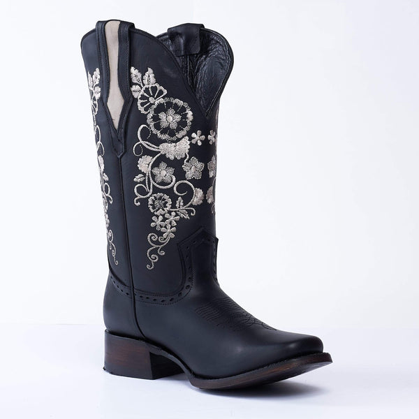 JOE BOOTS 15-01 BLACK, Premium Women's Cowboy Embroidered Boots: Square Toe Western Boot. White Flowers