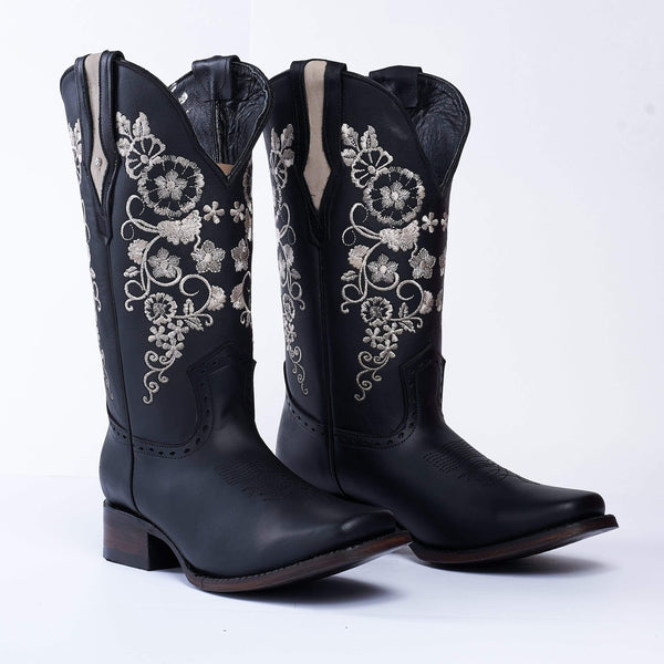 JOE BOOTS 15-01 BLACK, Premium Women's Cowboy Embroidered Boots: Square Toe Western Boot. White Flowers