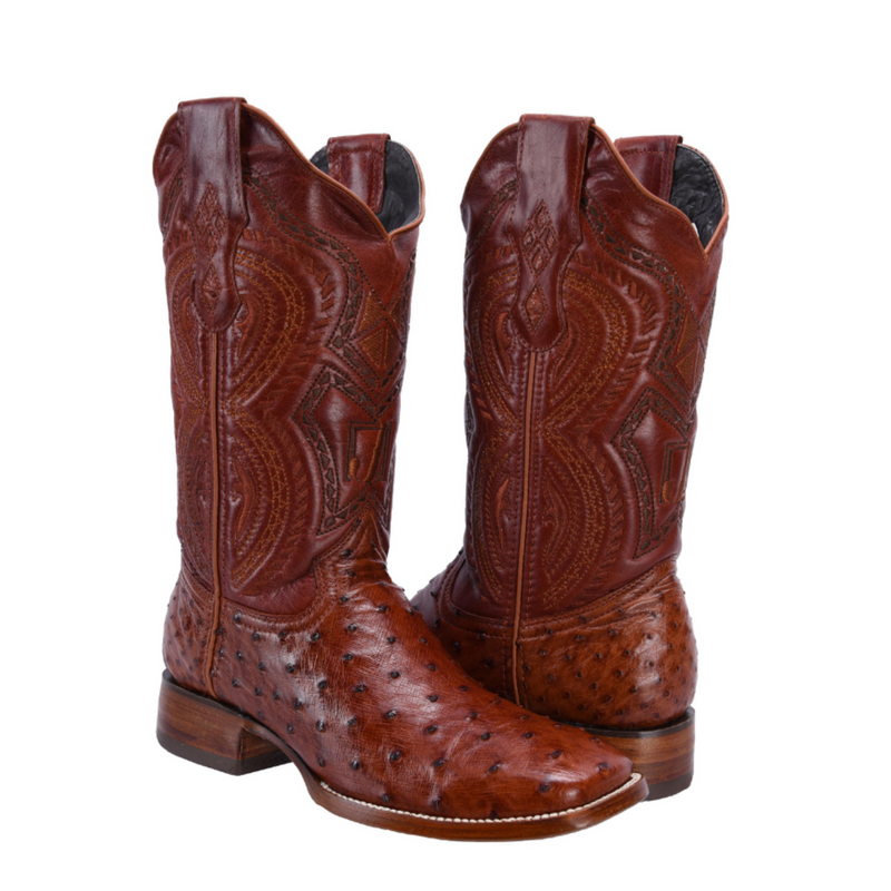 RC 703 Original Men's Ostrich COGNAC Western Boots, Square Toe Cowboy boots, Authentic Ostrich Leather