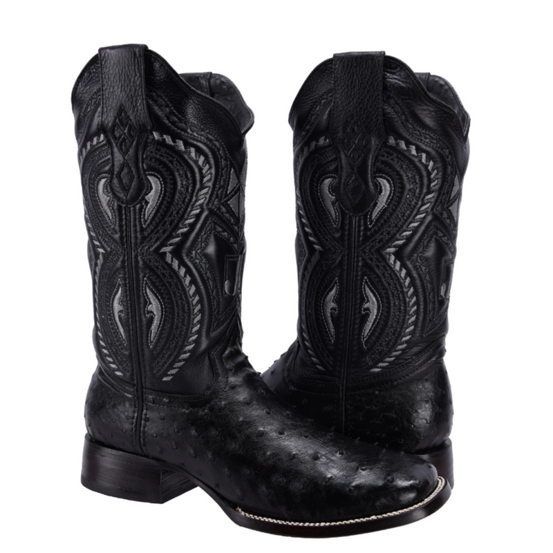 RC 703 Original Men's Ostrich BLACK  Western Boots, Square Toe Cowboy boots, Authentic Ostrich Leather