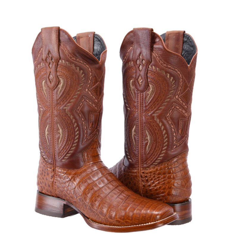 RODEO CARTIE 706 Original Men's Caiman COGNAC Western Boots, Square Toe Cowboy boots, Authentic Caiman Leather