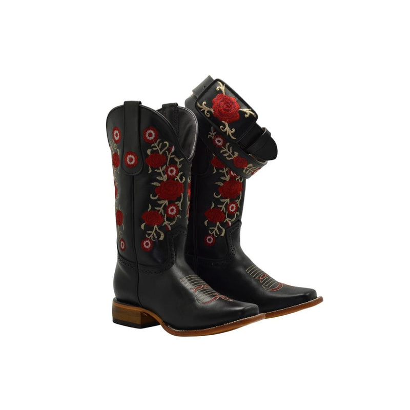 JOE BOOTS 16-07 BLACK/RED  Women COMBO,  Premium Women's Cowboy Embroidered Boots: Square Toe, Western Boot,  Red Flowers SET with Belt