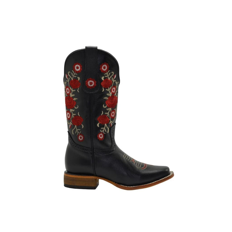 JOE BOOTS 16-07 BLACK/RED  Women COMBO,  Premium Women's Cowboy Embroidered Boots: Square Toe, Western Boot,  Red Flowers SET with Belt