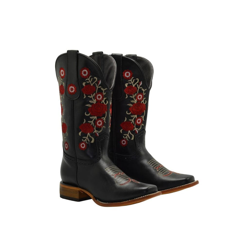 JOE BOOTS 16-07 BLACK Premium Women's Cowboy Embroidered Boots: Square Toe Western Boot Red Flowers