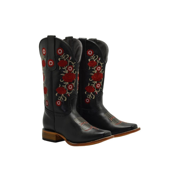 JB16-07 Black Women Square Toe Boots Red Flowers SET with Belt