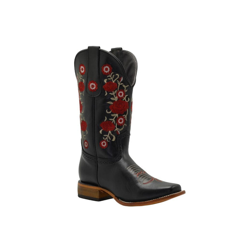 JOE BOOTS 16-07 BLACK/RED  Women COMBO,  Premium Women's Cowboy Embroidered Boots: Square Toe, Western Boot,  Red Flowers SET with Belt