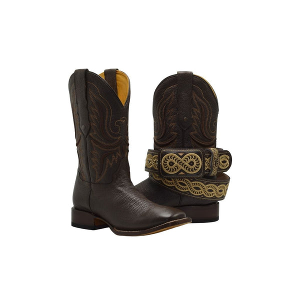 RC 095 DARK BROWN COMBO Men's Western Boots: Square Toe Cowboy & Rodeo Boots in Genuine Leather with CB Caporal Belt