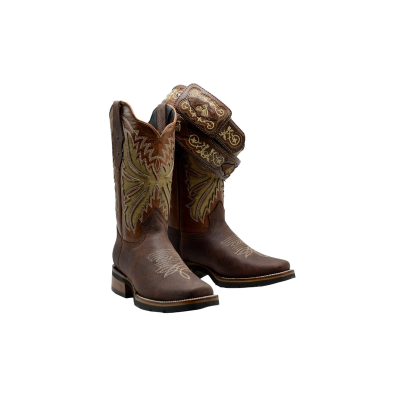 JOE BOOTS SG518 BROWN  COMBO Men's Western Boots: Square Toe Cowboy & Rodeo Boots in Genuine Leather with Belt 140with